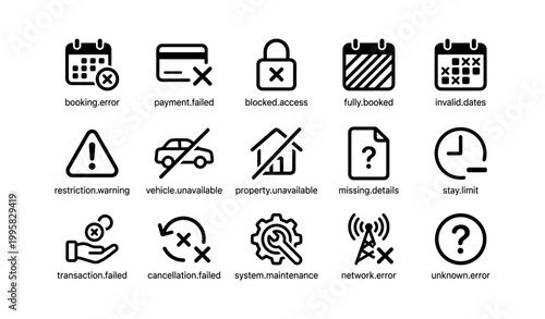 Set of booking and system error icons on white background