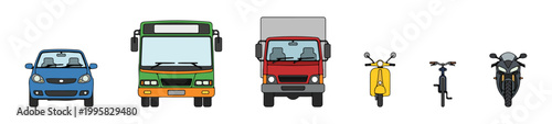 Front View Vehicle Vector Illustration Set, Transportation Collection with Blue Car, Green Bus, Red Truck, Yellow Scooter, Bicycle, and Motorcycle for Urban Traffic and City Road Map Design