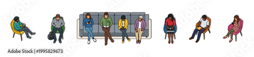 Top View Sitting People on Chairs and Sofa Set, Overhead Diverse Seated Characters Waiting in Public Space Vector Illustration for Architecture Plans, Office Lobby, Airport and Interior Design