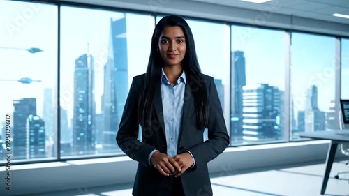 Professional Businesswoman Standing in Modern Office with Cityscape View.