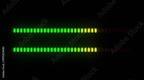 Dynamic Green Horizontal audio spectrum equalizer bars. Pulsing music visualization on black background. Digital frequency equalizer sound signal visualization. Frequency level indicator