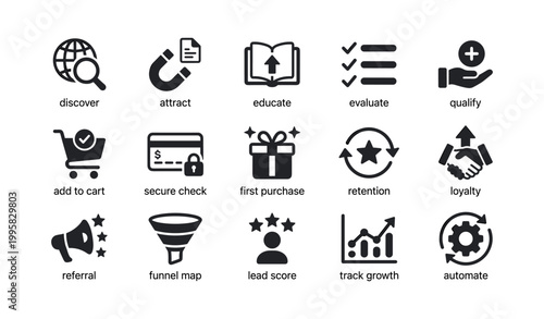 Marketing and conversion icons arranged in grid on white background