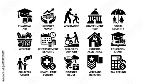 Social support and welfare icons arranged on white background