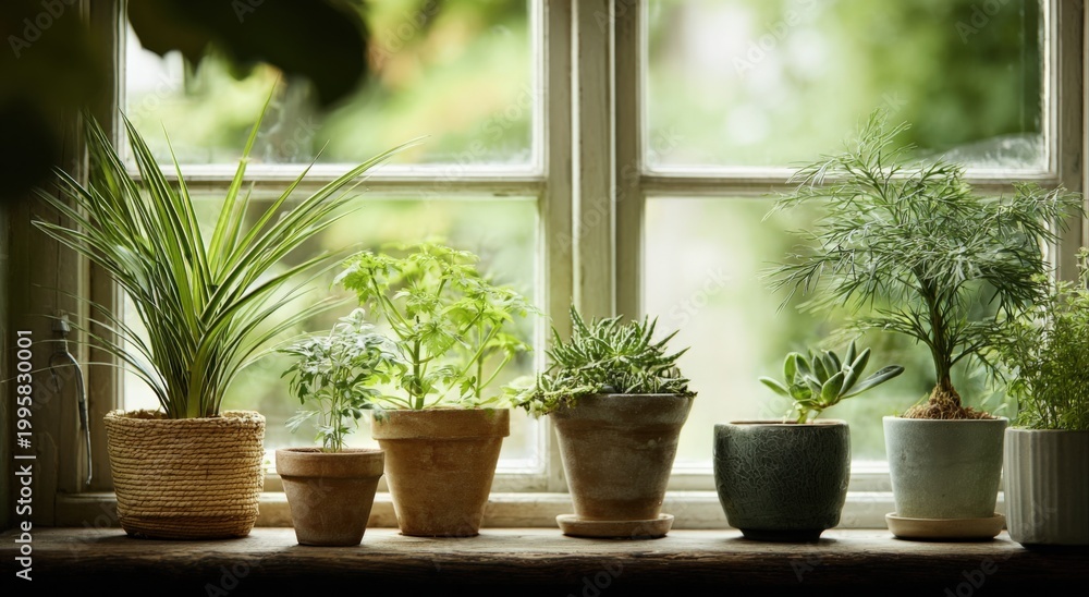 Fototapeta premium Row of diverse potted houseplants thriving on a windowsill with a blurred green outdoor background