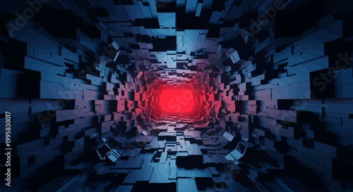 Abstract Futuristic Neon Tunnel with Glowing Red Light at the End