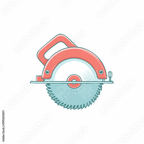 Illustration of a cartoon circular saw with a large blade and a handle for construction or woodworking.