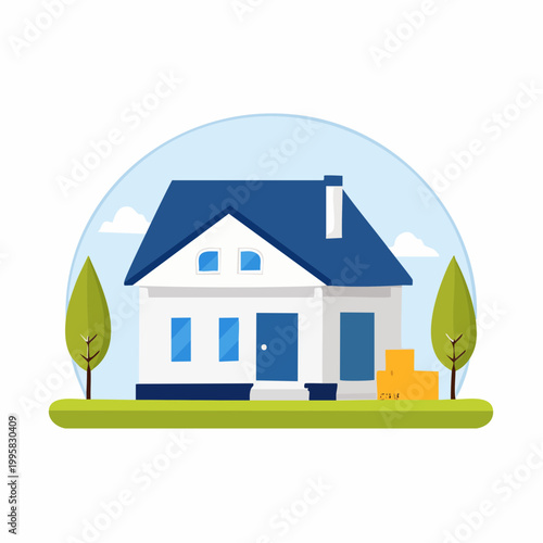Cartoon house illustration with blue roof, green trees, and moving boxes outside