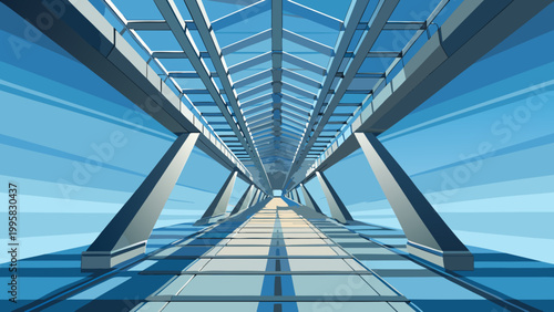 Transparent bridge structure forming linear patterns in clear blue sky at midday