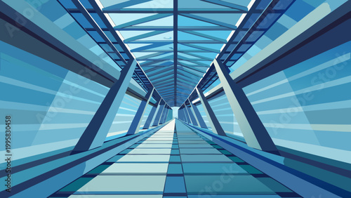 Transparent bridge structure forming linear patterns in clear blue sky at midday