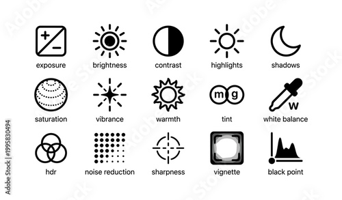 Icons for editing adjustments arranged on white background