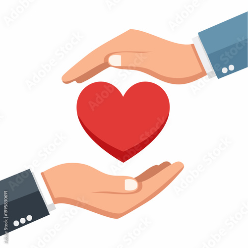 Hands protecting a red heart illustration expressing love and care concept