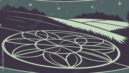 Glowing geometric crop circle formation on dark landscape under starry night sky