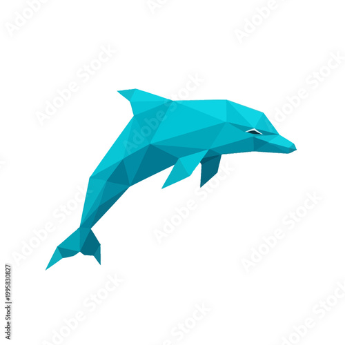 Geometric Dolphin Jumping, Low Poly Style, Blue Aqua Color
