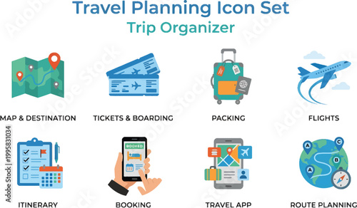 Travel Planning Icon Set – Trip Organizer, Booking, Flights, Itinerary Flat Vector Illustration