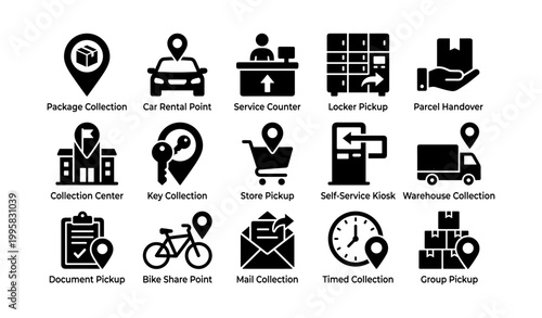 Pickup and collection icons showing package and location services