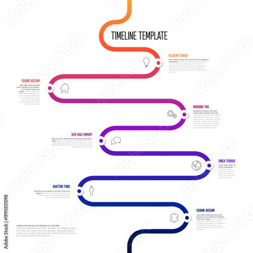 This infographic timeline template features a colorful winding path with seven data points. Use this roadmap infographic timeline template to present project milestones and goals.