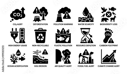 Environmental hazard icons showing pollution and climate threats