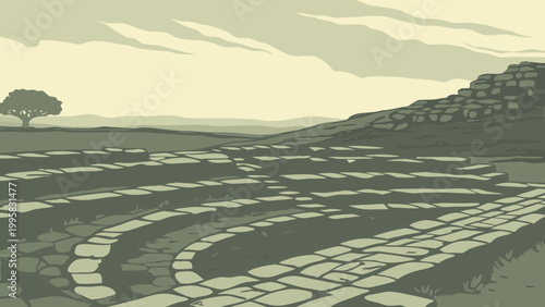 Ancient stone ruins with glowing vector patterns under an overcast sky