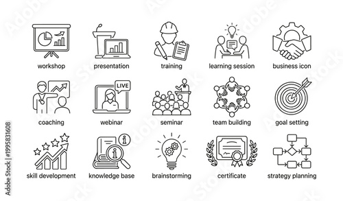Workshop and training icons arranged in grid on white background