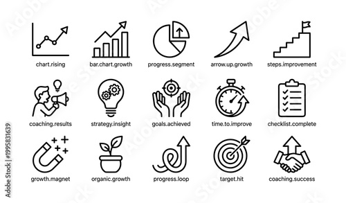 Growth and progress icons shown in grid on white background