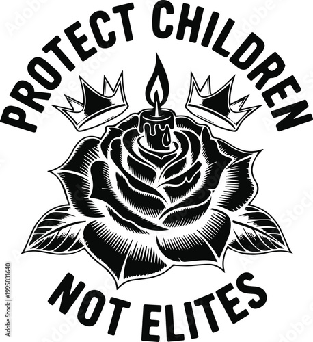 A Symbol of Hope and Protection: A powerful graphic design with a burning candle at the center of a rose, flanked by two crowns, forming a passionate plea for child protection. 