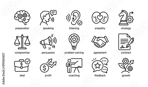 Communication and negotiation icons in grid on white background
