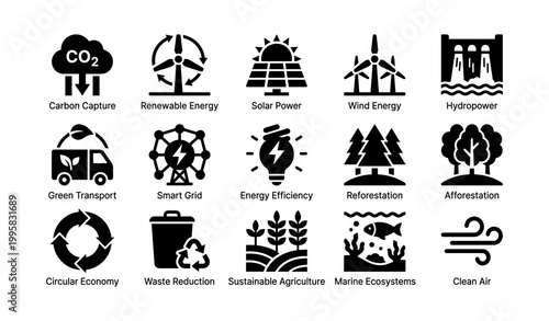 Clean energy and conservation icons arranged on white background