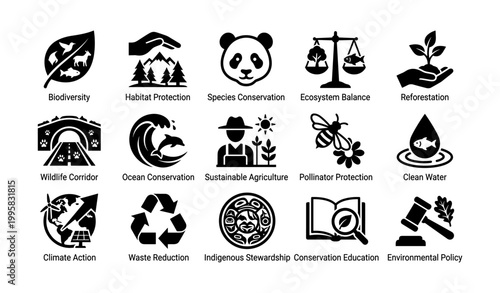Conservation icons arranged in grid on white background