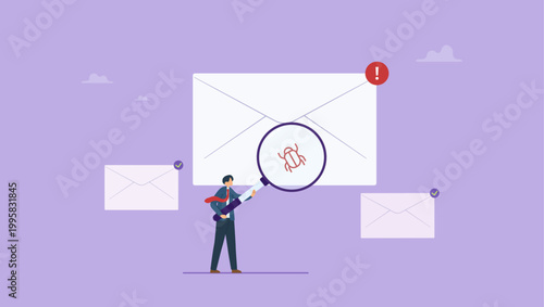 Businessman looking at letter in envelope through magnifying glass and seeing virus, malware. Spam message, suspicious e-mail, online safety or security concept.
