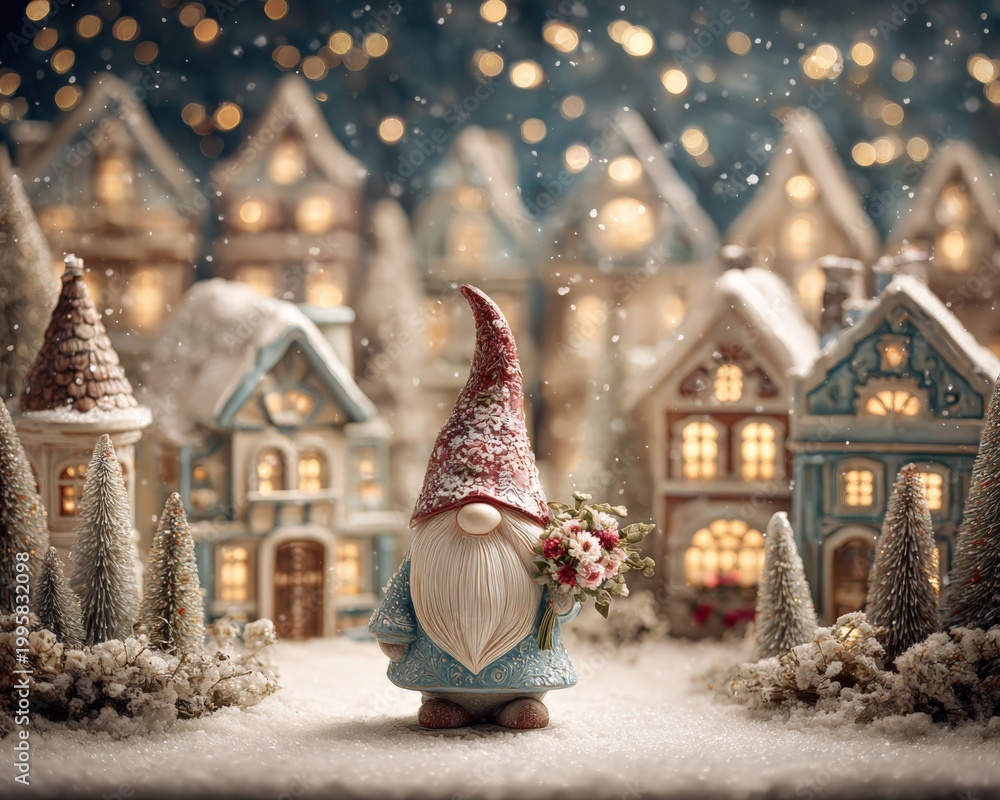 Fototapeta premium Whimsical Christmas Gnome Holding Flowers in a Snowy Village with Twinkling Lights