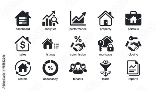 Real estate icons displaying dashboard analytics sales and property