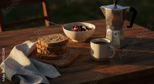 Breakfast on wooden table outside.
