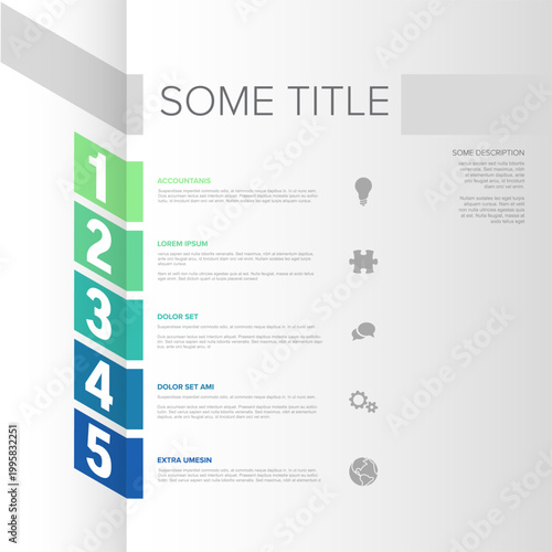 Professional business infographic template features a numbered list from 1 to 5 with color gradients. Use this infographic template for presentations or data visualization layouts.
