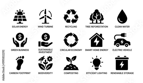 Sustainability and green energy icons on white background