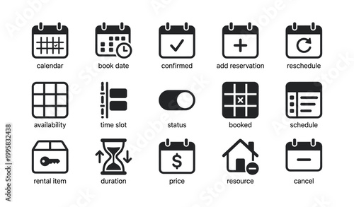 Scheduling icons depicting booking features on white background
