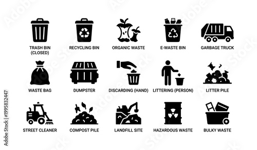 Waste icons showing bins trucks and disposal sites on white background