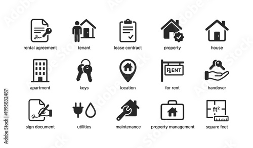 Real estate and rental icons displayed on white background