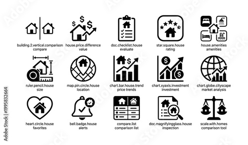 Real estate icons showing comparison and evaluation grid