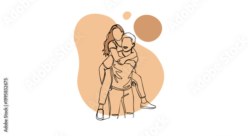 Minimalist line art drawing of a happy boyfriend giving his girlfriend a fun piggyback ride outdoors