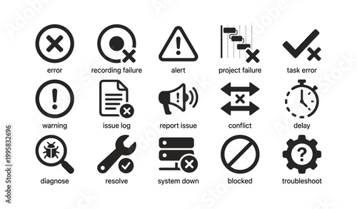 Error and warning icons illustrating system issues and troubleshooting