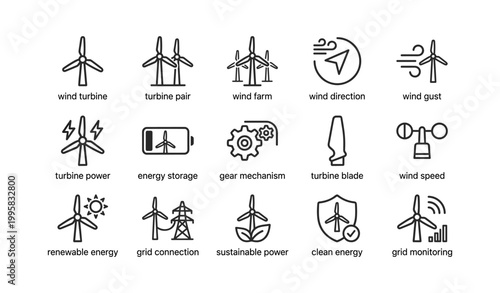Wind turbine icons representing renewable energy concepts on white