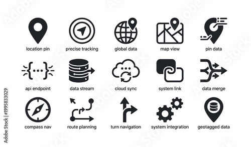 Map and data icon set showing navigation and location symbols on white