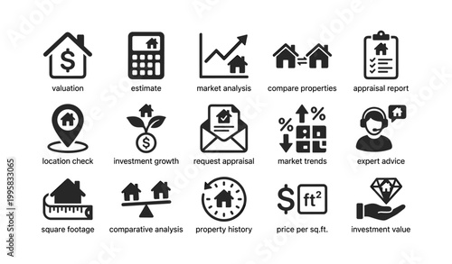 Real estate appraisal and valuation icons arranged on white