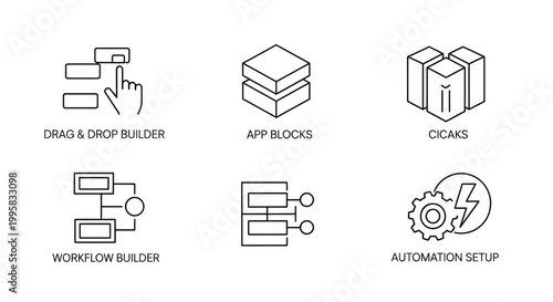 black and white no-code icons including drag and drop builder, app blocks, workflow builder, automation setup, vector line art