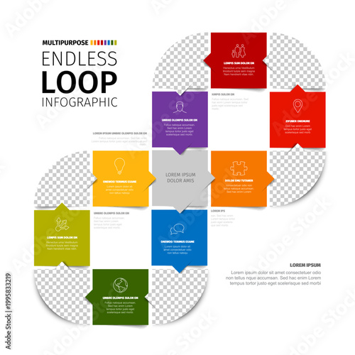This endless loop infographic features colorful square steps in a continuous cycle with photo placeholders. Use this endless loop infographic and its square steps to showcase business workflows.