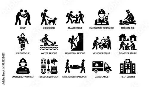 Rescue and emergency service icons showing various response actions