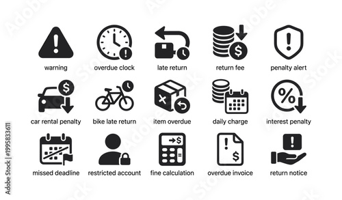 Overdue and penalty icons displayed in grid on white background