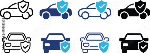 Set of vehicle insurance icons featuring car and shield symbols isolated on transparent background