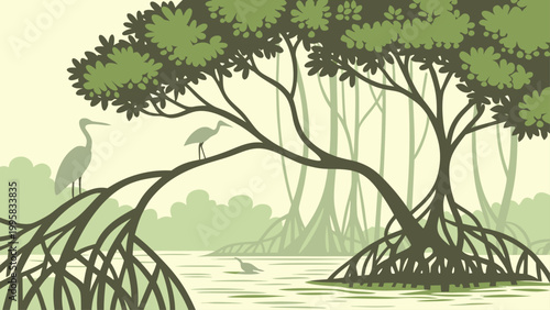 Tableau sur toile Mangrove forest with herons in a peaceful wetland landscape mangrove landscape