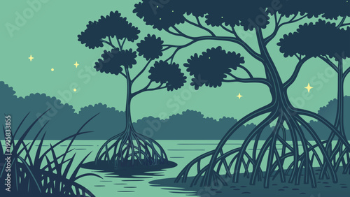 Mangrove forest wetland landscape at night under starry sky with mangrove
